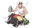  1boy cable clothes commentary_request cutiefly eyewear_on_head fingernails gen_2_pokemon gen_7_pokemon guzma_(pokemon) holding iron ironing_board kneeling looking_at_another male_focus muscle pokemon pokemon_(creature) pokemon_(game) pokemon_sm ryanpei spinarak sunglasses tank_top translation_request watch watch white_background white_hair white_tank_top yellow-framed_eyewear 