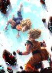 2boys blonde_hair bodysuit boots clenched_hand commentary_request dragon_ball dragon_ball_z energy eye_contact facial_mark forehead_mark halo highres kneeling looking_at_another majin_vegeta male_focus multiple_boys muscle open_mouth sash son_gokuu spiky_hair spread_fingers studio_viga super_saiyan super_saiyan_1 teeth tongue vegeta white_footwear 
