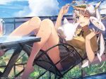  1girl animal animal_ears bare_legs blue_eyes blue_sky chair clouds falling food hair_ribbon highres nail_polish one_eye_closed original pleated_skirt ribbon sandwich shirt skirt sky table tail twintails vierzeck white_hair yellow_ribbon yellow_shirt 