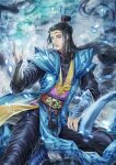  1boy absurdly_long_hair black_hair black_pants blue_background blue_footwear boots character_request copyright_request grey_eyes hair_ornament hand_up highres long_hair long_sleeves looking_at_viewer male_focus pants sitting solo tassel very_long_hair winter_(winter168883) 