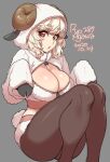  1girl 2020 agawa_ryou artist_name breasts commentary dated grey_background hood hoodie hooves horns large_breasts looking_at_viewer original pantyhose parted_lips sheep_horns short_hair signature simple_background solo thick_eyebrows 