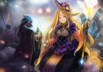  1girl 3others absurdres blonde_hair blue_eyes blurry blurry_background dress facial_mark forehead_mark gloves halloween hat heart highres holding holding_staff hooded_robe long_hair looking_at_viewer mask multiple_others necromancer okuto original smile staff white_gloves wide_sleeves 