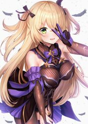  1girl ame_sagari bare_shoulders black_dress black_gloves blonde_hair bow bowtie bridal_gauntlets cowboy_shot dress eyepatch feathers fischl_(genshin_impact) fishnets garter_straps genshin_impact gloves green_eyes hair_over_one_eye hair_ribbon highres long_hair looking_at_viewer open_mouth ribbon simple_background single_glove single_thighhigh smile solo thigh-highs two_side_up v v-shaped_eyebrows white_background 