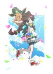  1girl artist_name ayakadegozans bangs bike_shorts brown_hair closed_mouth confetti eevee eyelashes gen_1_pokemon gotcha! gotcha!_girl_(pokemon) grey_skirt hair_tie hand_in_pocket highres long_sleeves looking_at_viewer pleated_skirt pokemon pokemon_(creature) shoes skirt smile tied_hair twintails watermark yellow_eyes zipper 