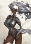  1girl armor braid breasts dark_elf dark_skin eiwa elbow_gloves elf gloves highres leotard lips long_hair medium_breasts original parted_lips pointy_ears shiny shiny_hair shiny_skin shoulder_armor solo standing violet_eyes waist_cape white_hair 