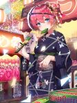  1girl absurdres blue_eyes colorful cotton_candy festival fireworks fish flower goldfish green_tea hair_between_eyes hair_flower hair_ornament highres japanese_clothes kimono looking_at_viewer mouth_hold multicolored multicolored_background original sash tea vierzeck yukata 