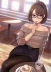  1girl absurdres bare_shoulders belt black-framed_eyewear bob_cut breasts brown_hair cafe chair coffee collarbone crossed_legs eating eyebrows_visible_through_hair floor food fork glasses hairband highres indoors kagematsuri looking_at_viewer off-shoulder_sweater off_shoulder original pancake pantyhose pencil_skirt ribbed_sweater short_hair sitting skirt small_breasts smile steam sweater table twitter_username violet_eyes watermark window wooden_floor 