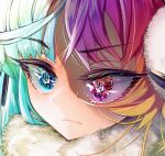  1girl aqua_hair bangs blue_eyes blue_hair closed_mouth cluseller commentary_request cropped earmuffs eyebrows_visible_through_hair face fur_trim gradient_hair heterochromia highres multicolored multicolored_eyes multicolored_hair orange_hair original pink_eyes purple_hair raised_eyebrow red_eyes redhead shiny shiny_hair solo 