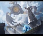  1boy blue_sky clouds cloudy_sky commentary duel_monster flying giant letterboxed majestic_mech_-_goryu majestic_mech_-_senku male_focus sihai_(wsskdywe) sky standing sunlight tail tower wings yu-gi-oh! 