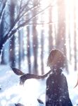  1girl backlighting bare_tree blurry chinese_commentary commentary forest from_behind highres leaf lens_flare nature original outdoors scarf short_hair signature skyrick9413 snow solo sunlight tree wind winter 