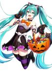  1girl :d alternate_costume animal_ears bangs bare_shoulders basket black_cat black_dress black_footwear black_gloves black_legwear bow breasts candy cat cat_ears cat_tail choker collarbone commentary_request detached_sleeves dress fake_animal_ears fake_tail fang feet_up food frills gloves hair_ribbon halloween hatsune_miku highres long_hair looking_at_viewer open_mouth orange_bow purple_legwear ribbon shoes simple_background smile solo striped striped_legwear tail tasuku_(user_fkzv3343) thigh-highs twintails very_long_hair vocaloid white_background zettai_ryouiki 