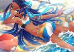  1girl armlet ass back ball bare_shoulders beach beachball bike_shorts blue_eyes blue_eyeshadow blue_hair blush breasts cluseller commentary_request dark_skin ear_clip earrings eyeshadow fang foot_up forehead gym_leader hair_ornament hairclip hand_up happy hoop_earrings jewelry lens_flare light_blush long_hair looking_at_viewer looking_back lying makeup multicolored_hair nessa_(pokemon) on_stomach open_mouth outdoors poke_ball_theme pokemon pokemon_(game) pokemon_swsh sand sandals shiny shiny_skin small_breasts smile solo streaked_hair sunlight teeth tied_hair transparent two-tone_hair very_long_hair water white_footwear 