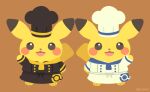  :3 :d black_headwear brown_background chef chef_hat chef_uniform clothed_pokemon commentary gen_1_pokemon hand_up happy hat hatted_pokemon looking_at_viewer no_humans open_mouth pikachu poke_ball_print pokemon pokemon_(creature) rizu_(rizunm) side-by-side simple_background smile standing twitter_username white_headwear 