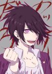  1boy alternate_hairstyle clenched_hand collarbone collared_shirt commentary_request dangan_ronpa face facial_hair goatee grey_background highres jacket jacket_on_shoulders long_sleeves looking_at_viewer male_focus momota_kaito nanin new_dangan_ronpa_v3 open_mouth pink_eyes purple_hair purple_jacket shirt short_hair smile solo teeth white_shirt 