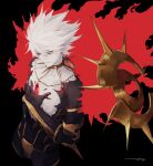  1boy absurdres armor collar dark earrings fate/apocrypha fate/grand_order fate_(series) floating gem glint glowing hair_between_eyes highres jewelry karna_(fate) kouzuki_kei male_focus pale_skin parted_lips red_pupils signature single_earring solo spiked_collar spikes spiky_hair white_eyes white_hair 