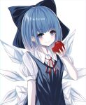  1girl absurdres apple arm_up bangs blue_dress blue_eyes blue_hair bright_pupils cirno commentary dress eyebrows_visible_through_hair food fruit hair_ribbon head_tilt highres holding holding_food holding_fruit kure:kuroha light_blush looking_at_viewer pale_skin pinafore_dress puffy_short_sleeves puffy_sleeves red_ribbon ribbon shirt short_sleeves simple_background smile solo standing touhou upper_body white_background white_pupils white_shirt wings 