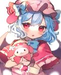  1girl animal_ears bangs bat_wings black_wings blue_bow blue_hair blush bow capelet character_request chikuwa_(tikuwaumai_) commentary_request dress eyebrows_visible_through_hair fake_animal_ears hair_between_eyes hat hat_bow highres hug looking_at_viewer mob_cap parted_lips pink_dress pink_headwear red_capelet red_eyes remilia_scarlet sanrio simple_background sketch touhou upper_body white_background wings wrist_cuffs 