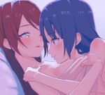  2girls :t blue_hair blush breast_press breasts closed_mouth collarbone eye_contact from_side long_hair looking_at_another love_live! love_live!_sunshine!! medium_breasts multiple_girls nude open_mouth red_eyes redhead sakurauchi_riko sellel shiny shiny_hair tsushima_yoshiko upper_body yellow_eyes yuri 