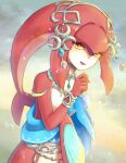  1girl :d agisato commentary_request fins fish_girl flat_chest gem hair_ornament hand_up head_fins jewelry long_hair looking_at_viewer mipha monster_girl multicolored multicolored_skin necklace no_eyebrows open_mouth pointy_ears red_skin redhead smile solo the_legend_of_zelda the_legend_of_zelda:_breath_of_the_wild two-tone_skin upper_body water_drop white_skin yellow_eyes zora 