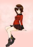  1girl absurdres alternate_costume ankle_boots bangs black_footwear black_legwear black_skirt boots brown_eyes brown_hair closed_mouth commentary full_body girls_und_panzer highres invisible_chair jacket long_sleeves looking_at_viewer military military_uniform miniskirt nishizumi_maho pink_background pleated_skirt red_jacket short_hair sitting sketch skirt smile socks solo st._gloriana&#039;s_military_uniform uniform viridiana_(ludwig) 