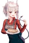  1girl apron bangs black_apron blush breasts character_name collarbone commentary crepe demon_girl demon_horns demon_tail fang food fork grey_hair helltaker highres holding holding_fork holding_plate horns long_hair long_sleeves looking_at_viewer lucifer_(helltaker) medium_breasts mole mole_under_eye open_mouth plate pray_(furei) red_eyes red_shirt revision shirt simple_background smile solo tail white_background white_hair white_horns 