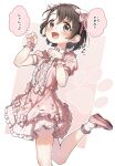  1girl :d absurdres animal_ears bangs black_hair blush bobby_socks bow brown_eyes bunny_hair_ornament cat_ears commentary_request dress eyebrows_visible_through_hair fake_animal_ears frilled_dress frills hair_between_eyes hair_bow hair_ornament hairband hairclip hands_up highres idolmaster idolmaster_cinderella_girls looking_at_viewer open_mouth paw_pose pink_bow pink_dress pink_footwear pink_hairband puffy_short_sleeves puffy_sleeves sasaki_chie shoes short_hair short_sleeves smile socks solo standing standing_on_one_leg translation_request white_legwear wrist_cuffs yukie_(kusaka_shi) 