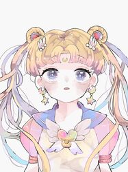  1girl bangs bishoujo_senshi_sailor_moon blonde_hair blue_sailor_collar blush crescent crescent_earrings earrings eyebrows_visible_through_hair hair_ornament hairclip hanataro_(sruvhqkehy1zied) heart jewelry open_mouth parted_bangs puffy_short_sleeves puffy_sleeves sailor_collar sailor_moon sailor_senshi_uniform short_sleeves simple_background solo star_(symbol) star_earrings tsukino_usagi twintails upper_body white_background 