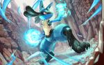  blue_fur canyon closed_mouth commentary_request day energy full_body gen_4_pokemon legs_apart lucario no_humans outdoors paws pokemon pokemon_(creature) red_eyes solo standing sweat tapioka_chaso 
