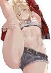  1girl absurdres artoria_pendragon_(all) bandeau bangs blush braid breasts closed_mouth cutoffs denim denim_shorts fate/apocrypha fate_(series) french_braid green_eyes hair_ornament hair_scrunchie highres leg_lift leg_up long_hair looking_at_viewer mordred_(fate) mordred_(fate)_(all) mysterious_heroine_x_(alter) navel parted_bangs ponytail red_scrunchie scrunchie shorts sidelocks simple_background small_breasts split standing standing_on_one_leg standing_split thighs tokopi white_background 