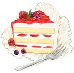  blueberry cake cake_slice food food_focus fork fruit furuikey leaf no_humans original shadow simple_background strawberry_shortcake white_background 