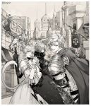  1girl 2boys animal_ears armor bangs bare_shoulders braid building cape character_request city closed_eyes closed_mouth collar collarbone dress eyebrows_visible_through_hair final_fantasy final_fantasy_xiv from_behind from_side gloves greyscale hair_between_eyes hands_together highres holding holding_shield holding_staff long_hair looking_at_viewer looking_down monochrome multiple_boys off-shoulder_dress off_shoulder open_mouth outdoors ricemune723623 shield shoulder_armor sky smile staff tail 