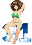  1girl armpits arms_up bare_arms bare_legs bare_shoulders barefoot bikini breasts brown_eyes brown_hair commentary_request green_bikini hair_ribbon hairband hand_on_hip haruhisky highres kneeling light_smile looking_at_viewer medium_breasts medium_hair open_mouth ribbon solo suzumiya_haruhi suzumiya_haruhi_no_yuuutsu swimsuit tan tanline yellow_hairband 