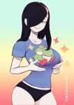  1girl black_eyes black_hair black_panties blue_shirt colo_(nagrolaz) cowboy_shot gradient gradient_background green_background hair_over_one_eye highres long_hair super_mario_bros. orange_background original pale_skin panties print_shirt red_background shirt short_sleeves smile solo underwear yellow_background yoshi 