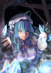  1girl absurdres ahoge beret blue_coat blue_hair breasts clenched_hand coat commentary_request elf eyebrows_visible_through_hair flower fur-trimmed_coat fur_trim hair_between_eyes hair_flower hair_ornament hat heart_ahoge highres hololive huge_filesize ice looking_at_viewer medium_breasts micon night pointy_ears solo staring tree virtual_youtuber white_headwear yellow_eyes yukihana_lamy 