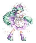  1girl ;) animal_ears animal_slippers apron bangs blue_eyes blush bow closed_mouth commission drill_hair eyebrows_visible_through_hair frilled_apron frilled_skirt frills full_body green_footwear green_hair hair_bow heart long_hair loose_socks marmoset_(marmoset0) object_hug one_eye_closed original pleated_skirt puffy_short_sleeves puffy_sleeves purple_bow purple_legwear purple_skirt rabbit_ears ribbed_legwear shirt short_sleeves sidelocks simple_background skirt slippers smile socks solo standing stuffed_animal stuffed_bunny stuffed_toy very_long_hair waist_apron white_apron white_background white_shirt 