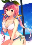  1girl bikini blue_sky blush breasts brown_eyes closed_mouth clouds collarbone commentary_request day eyebrows_visible_through_hair flower granblue_fantasy hair_flower hair_ornament highres large_breasts looking_at_viewer low_twintails natamiya o-ring o-ring_bikini o-ring_bottom ocean outdoors pink_hair sky smile solo swimsuit twintails twitter_username white_bikini yggdrasil_(granblue_fantasy) 