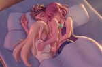  1boy 2girls black_tank_top blonde_hair brown_hair closed_eyes cuddling from_above hetero highres long_hair multiple_girls mythra_(xenoblade) navel parmesan pillow pyra_(xenoblade) redhead rex_(xenoblade) shirt shirtless short_hair tank_top under_covers white_shirt xenoblade_chronicles_(series) xenoblade_chronicles_2 yellow_eyes 