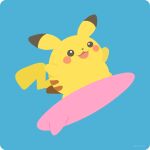  :3 :d blue_background commentary_request full_body gen_1_pokemon hands_up happy looking_to_the_side no_humans open_mouth pikachu pokemon pokemon_(creature) rizu_(rizunm) simple_background smile solo surfboard surfing_pikachu twitter_username 