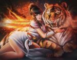  1girl animal animal_hug bangs beehive_hairdo blue_eyes blunt_bangs bow commentary english_commentary hair_bow japanese_clothes k.g.fantasy kimono lipstick makeup mishima_kazumi mole mole_under_eye namco obi patreon_username pinup_(style) red_bow sash short_sleeves sidelocks signature sunset tekken tekken_7 tiger updo vambraces watermark web_address white_kimono 