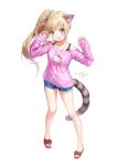  1girl :d animal_ears bangs bare_shoulders blue_shorts blush breasts claw_pose commission denim denim_shorts eyebrows_visible_through_hair fang full_body grey_eyes hair_ornament hands_up hello_kitty hello_kitty_(character) highres light_brown_hair long_hair long_sleeves looking_at_viewer marmoset_(marmoset0) off-shoulder_shirt off_shoulder open_mouth original pink_shirt red_footwear sandals shirt short_shorts shorts side_ponytail simple_background sleeves_past_wrists small_breasts smile solo standing striped_tail tail translation_request very_long_hair white_background 