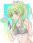  1girl adjusting_strap bare_shoulders black_tank_top cellphone closed_mouth eyeball_hair_ornament eyebrows_visible_through_hair green_eyes green_hair highres holding holding_phone long_hair musical_note navel original osanai_(shashaki) phone ponytail quarter_note sidelocks simple_background smartphone smile tank_top wildcatmalia 