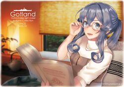  1girl adjusting_eyewear bespectacled blinds blue_eyes blue_hair book brown_dress commentary_request couch dated dress fire_maxs glasses gotland_(kantai_collection) highres holding holding_book kantai_collection lamp long_hair mole mole_under_eye ponytail shirt sitting solo teapot white_shirt window 