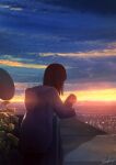  1girl absurdres brown_hair cigarette city clouds from_behind highres hood hooded_jacket horizon jacket on_roof original satellite_dish scenery short_hair signature sky solo sunset tochichima 