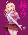  1girl ahoge akamatsu_kaede backpack bag ball bangs beamed_eighth_notes beamed_sixteenth_notes blonde_hair blush breasts collared_shirt commentary_request cowboy_shot dangan_ronpa eighth_note hair_ornament hand_up highres large_breasts long_hair long_sleeves looking_at_viewer musical_note musical_note_hair_ornament nanin necktie new_dangan_ronpa_v3 open_mouth pink_background pleated_skirt print_skirt school_uniform shirt skirt smile solo sweater_vest swept_bangs translation_request violet_eyes white_bag white_shirt 