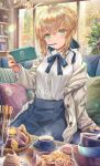  1girl ahoge artoria_pendragon_(all) bangs blonde_hair blue_skirt blush breasts collared_shirt dress_shirt fate/stay_night fate_(series) green_eyes handheld_game_console highres holding holding_handheld_game_console jacket long_hair long_sleeves looking_at_viewer nintendo nintendo_switch open_clothes open_jacket saber shirt skirt small_breasts torino_akua white_jacket white_shirt 