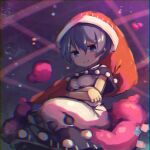  1girl :3 black_capelet blob breasts capelet chromatic_aberration crossed_arms doremy_sweet dress feet_out_of_frame hat highres large_breasts looking_at_viewer nightcap nightgown pom_pom_(clothes) purple_hair short_hair sitting smile solo tail ti_owo touhou violet_eyes 