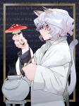  1girl aioi_u animal_ears cat_ears cat_tail english_text eyebrows_visible_through_hair from_side highres holding holding_mushroom hunter_x_hunter labcoat long_sleeves mushroom neferpitou short_hair signature solo tail upper_body white_hair 