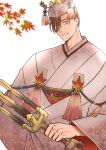  1boy autumn_leaves bangs blue_eyes brown_hair eyes_visible_through_hair fate/grand_order fate_(series) highres holding itokon300 japanese_clothes kimono looking_at_viewer male_focus parted_lips short_hair smile solo swept_bangs tagme upper_body white_kimono yamanami_keisuke_(fate) 