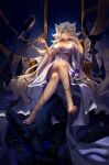  1girl bare_legs bird blonde_hair breasts chair crossed_legs crow dress feet high_heels highres huge_breasts lalazyt long_hair no_bra pipe shoes sitting slayers slayers_try toes white_dress wolf xelloss zelos_wilder 