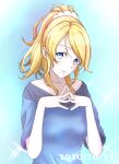  1girl 2020 ayase_eli blonde_hair blue_background blue_eyes blue_shirt cowboy_shot dated fingers_together looking_at_viewer love_live! love_live!_school_idol_project niizuma_444 ponytail scrunchie shirt solo white_scrunchie 